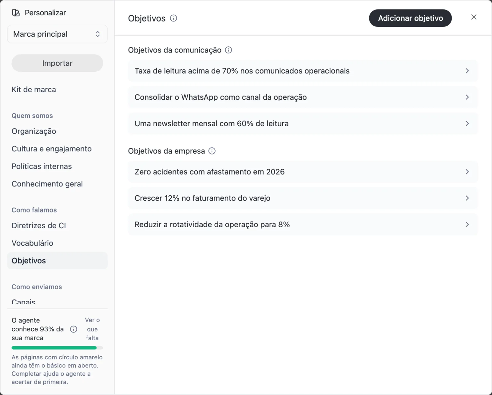 Tela Personalizar, página Objetivos, com três objetivos da comunicação e três objetivos da empresa