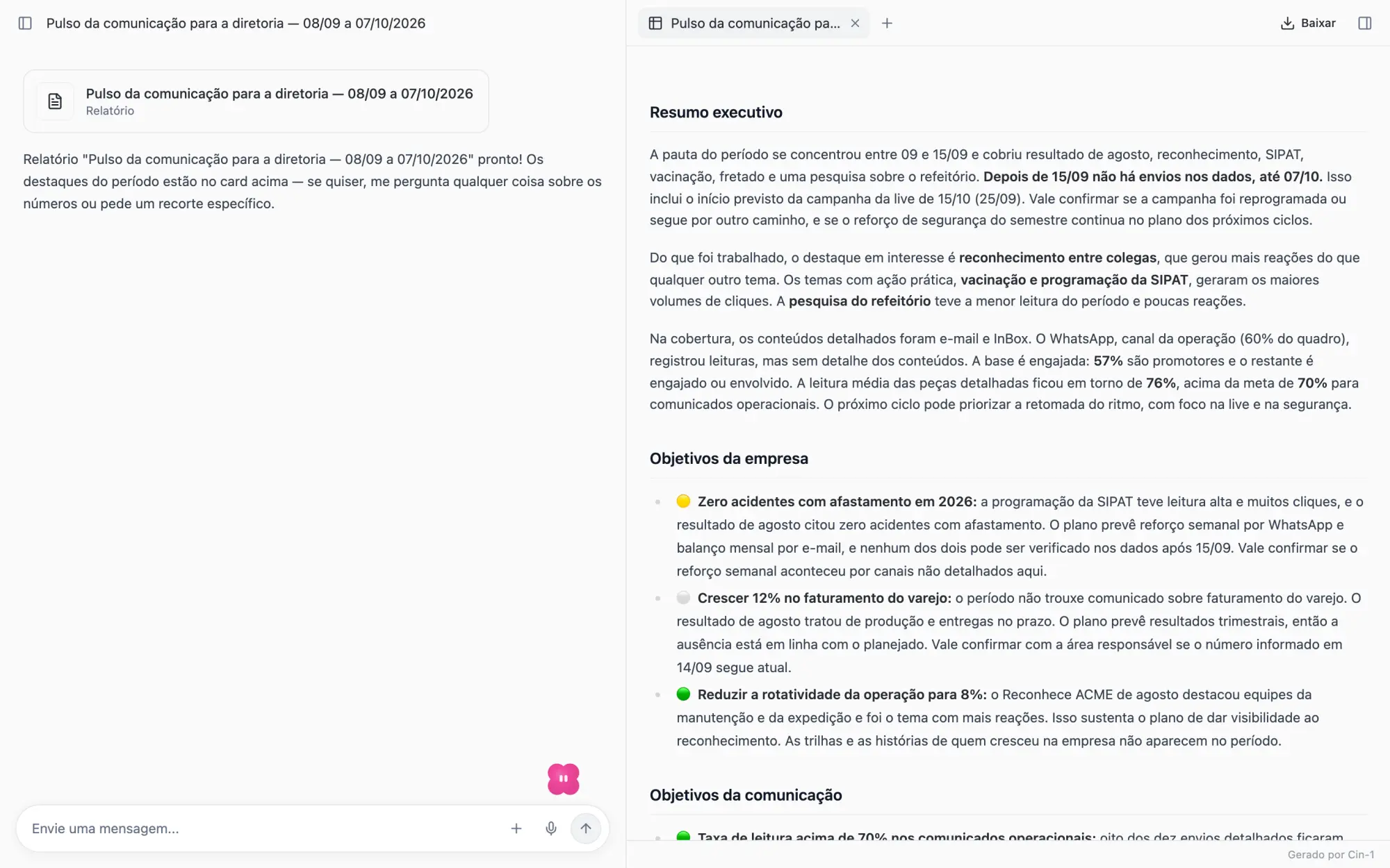 Relatório aberto ao lado da conversa, com o resumo executivo e os objetivos da empresa marcados em verde, amarelo e neutro