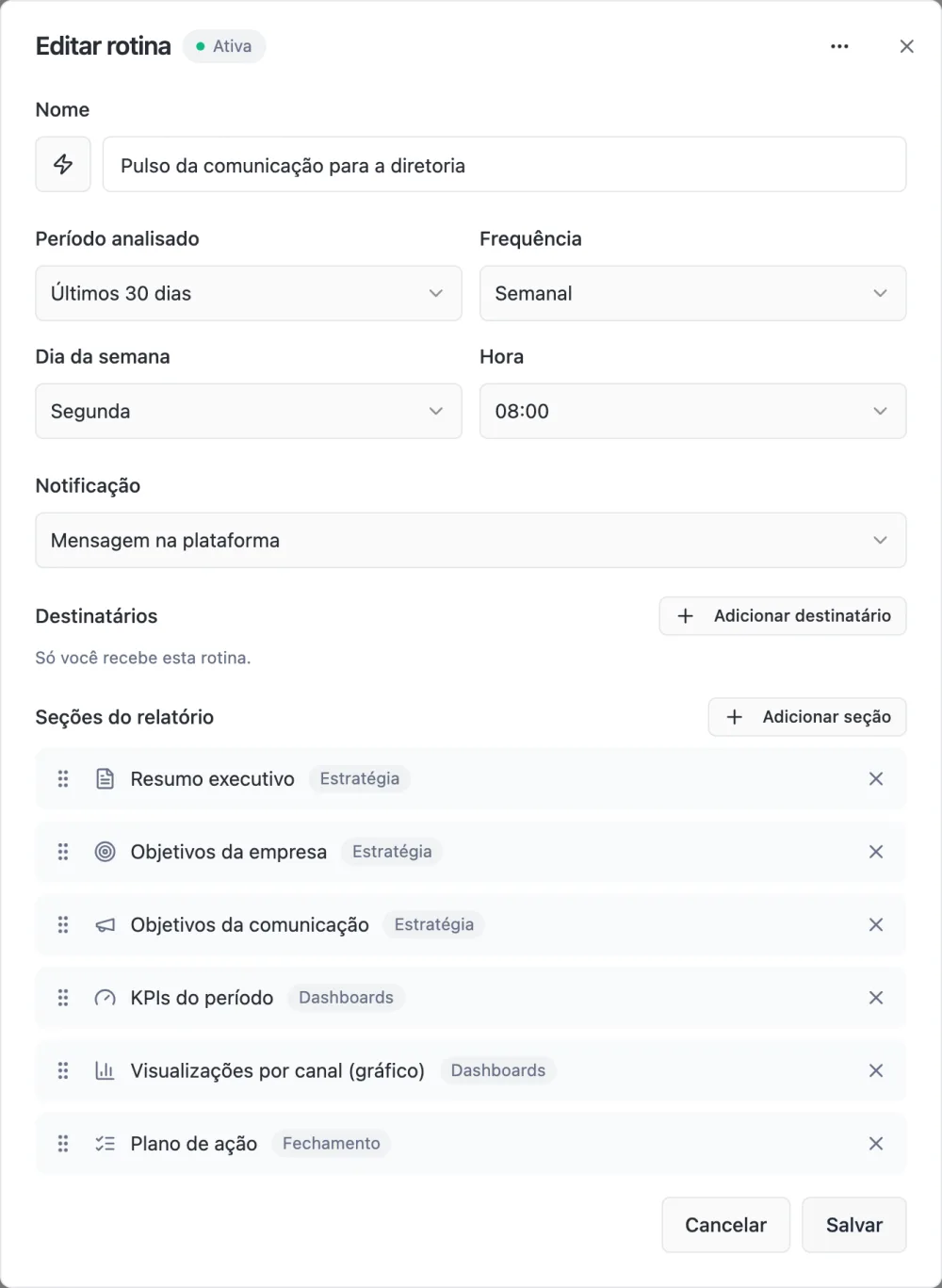 Formulário de rotina com período, frequência semanal, segunda às 8h, notificação, destinatários e seis seções do relatório