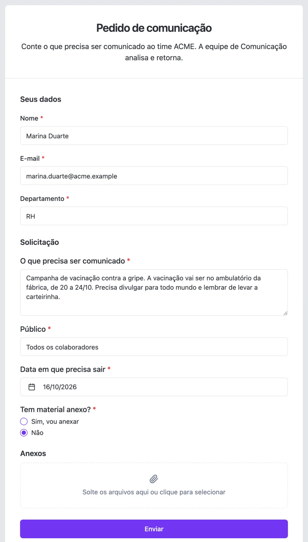 Formulário Pedido de comunicação preenchido pelo RH com o pedido da campanha de vacinação contra a gripe
