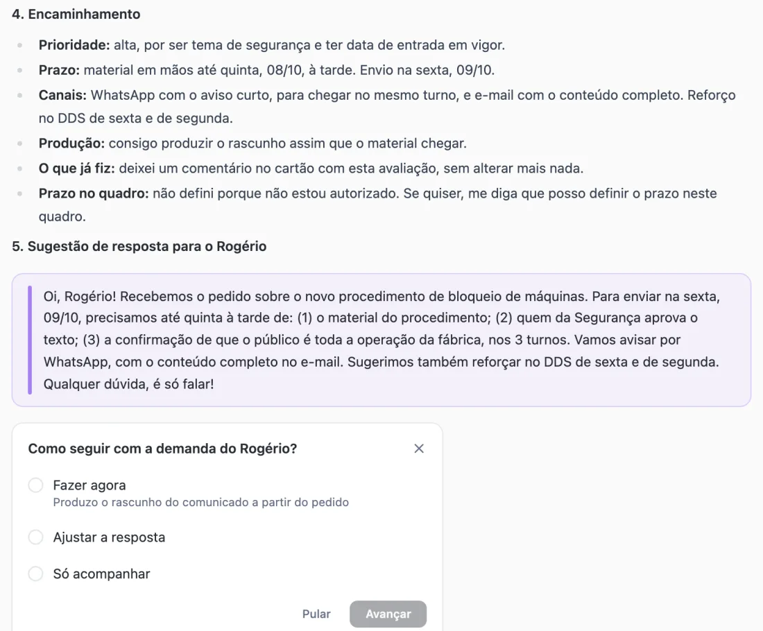 Parecer do agente na conversa: encaminhamento, sugestão de resposta para a área e as opções Fazer agora, Ajustar a resposta e Só acompanhar
