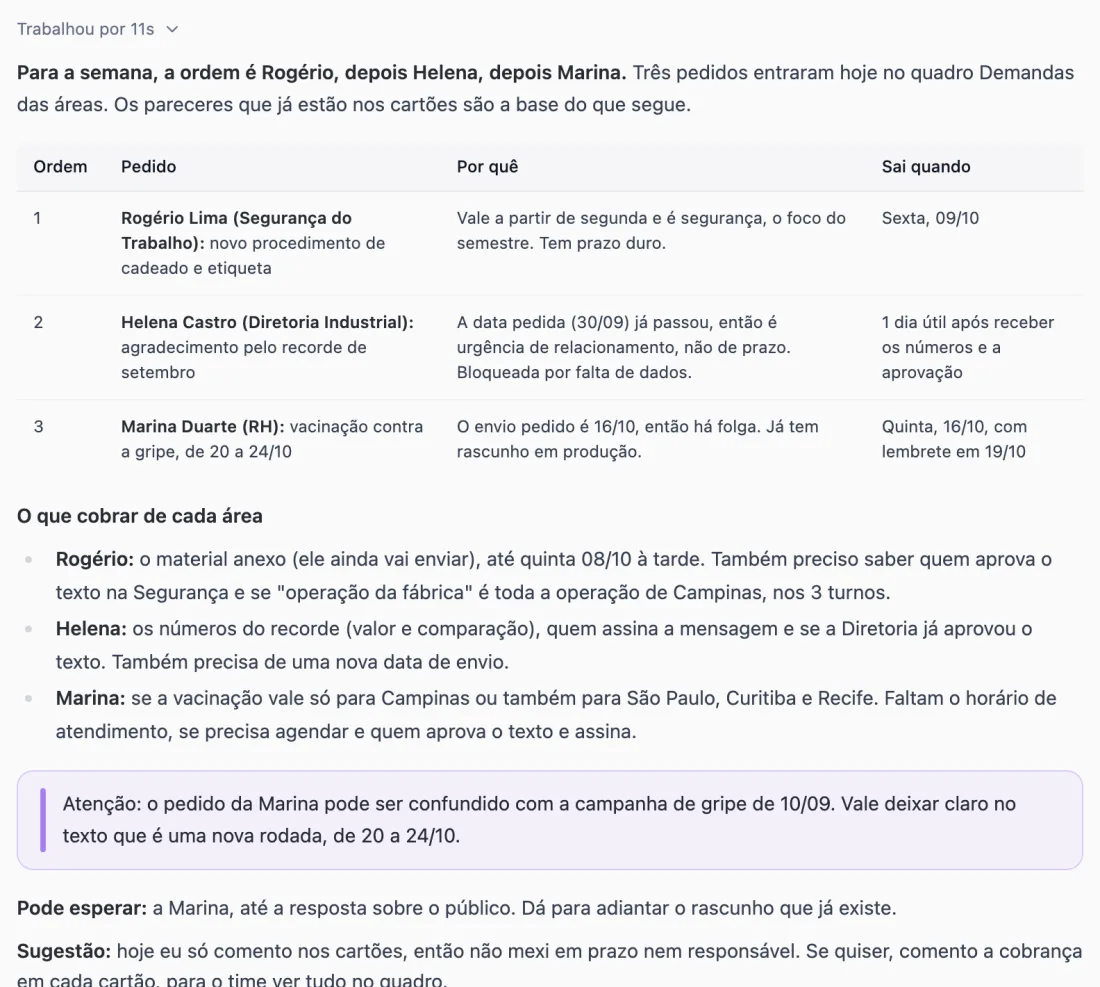 Resposta do agente com a tabela de prioridade dos três pedidos e a lista do que cobrar de cada área