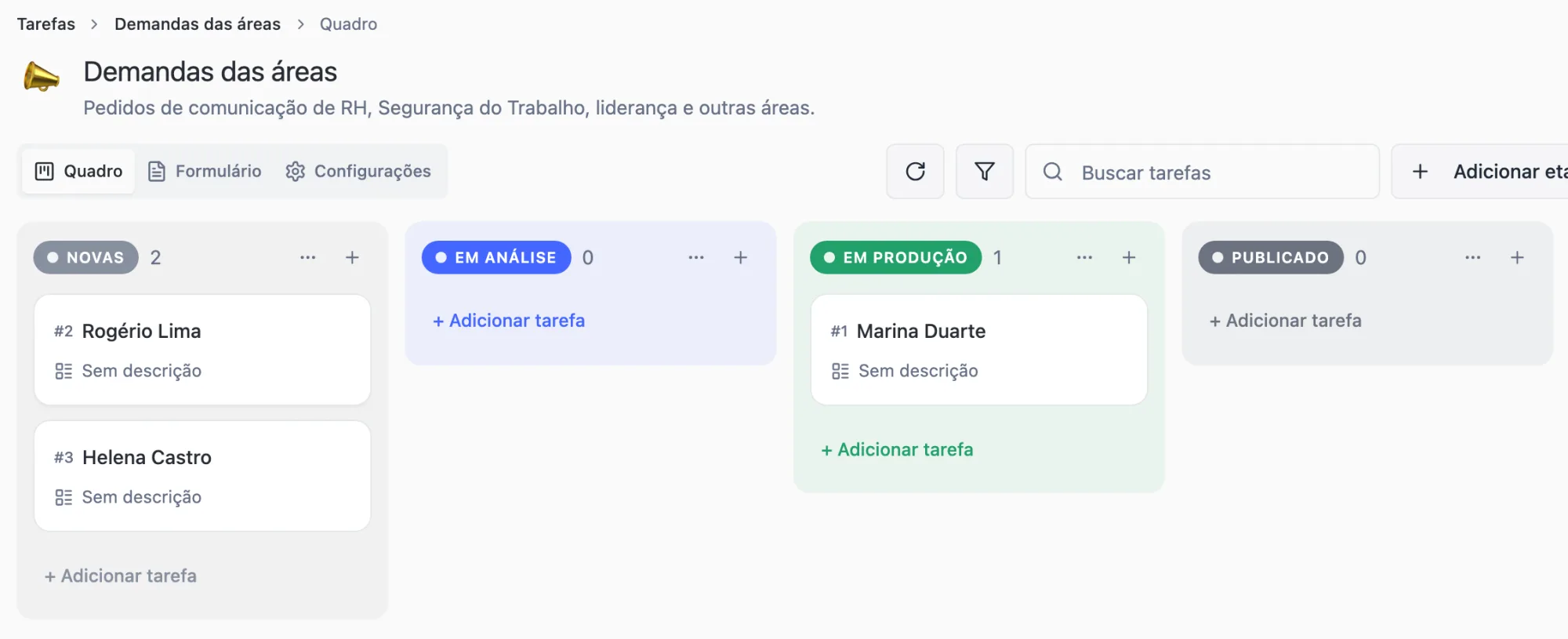 Quadro Demandas das áreas com dois pedidos em Novas e o pedido do RH em Em produção