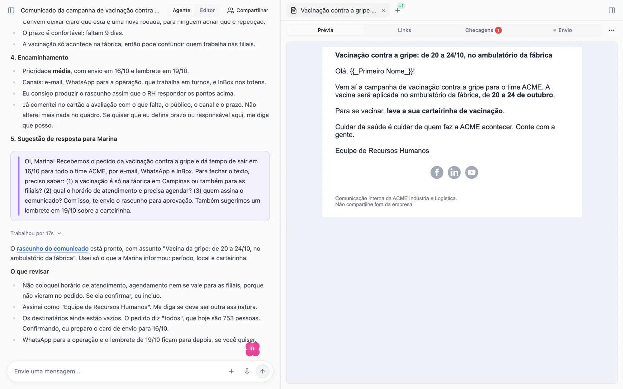 Conversa com o agente e, ao lado, a prévia do rascunho do comunicado da vacinação contra a gripe