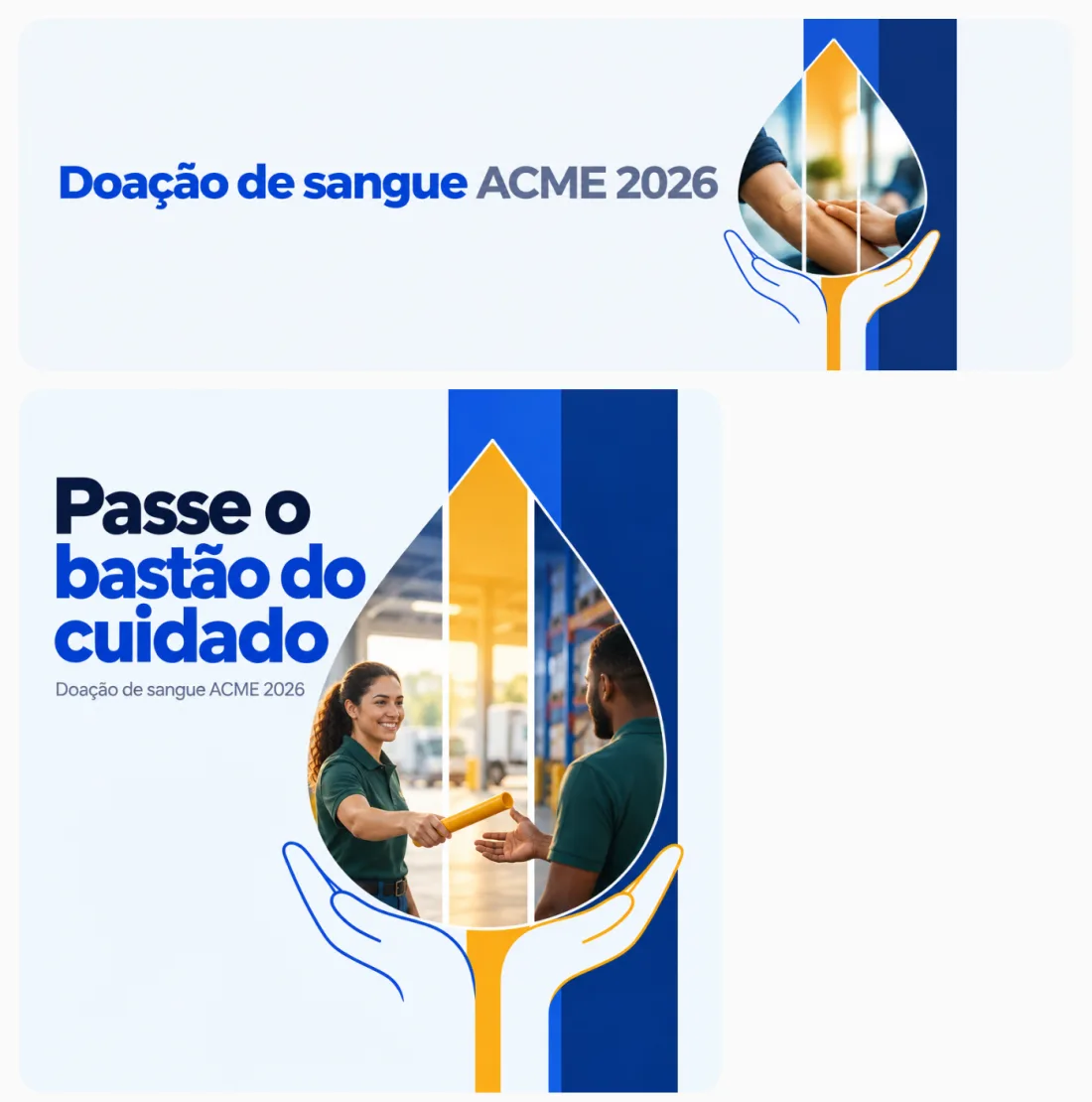 Topo de e-mail e post da campanha de doação de sangue, ambos com a gota de faixas do key visual