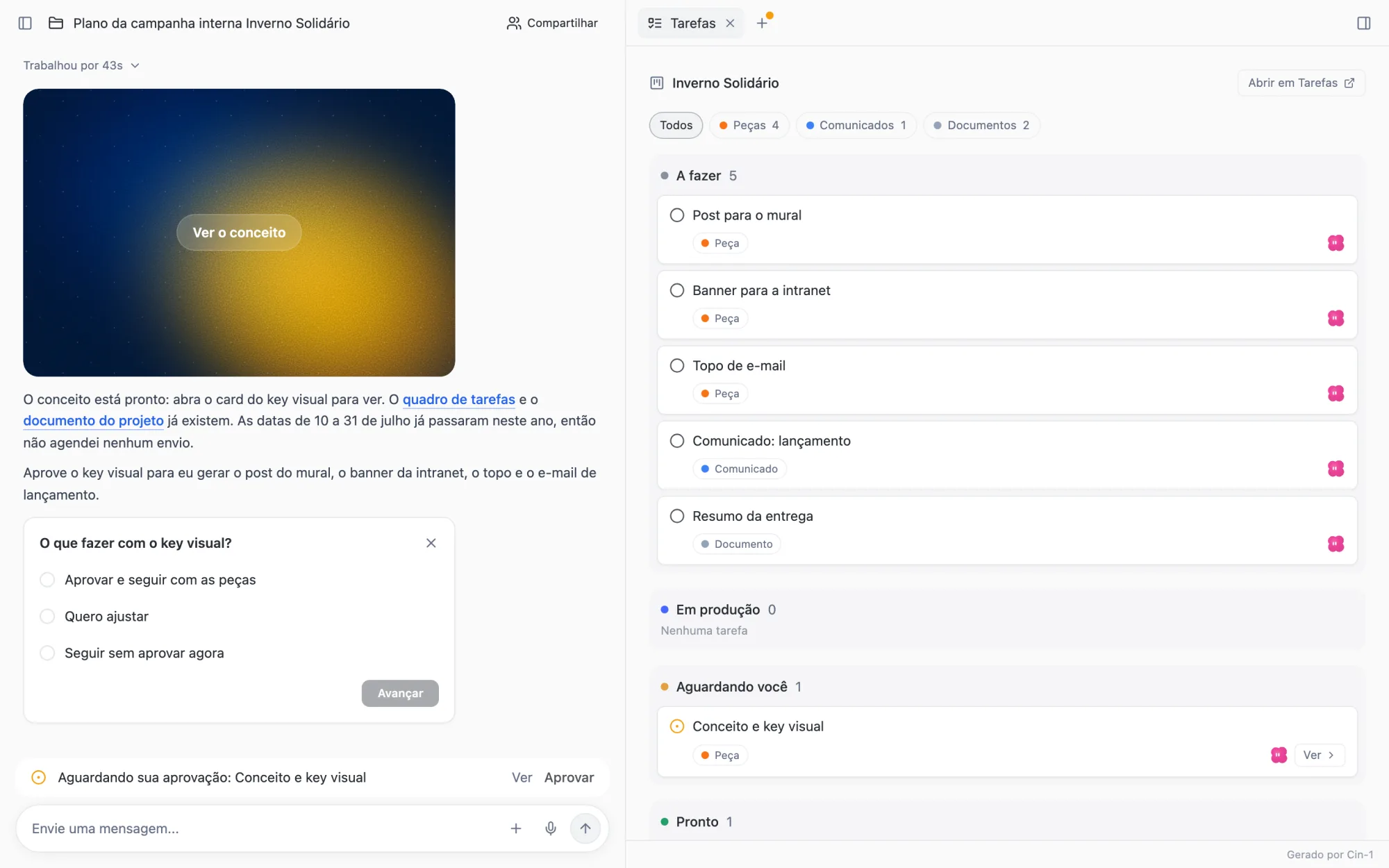 Conversa com o agente e, ao lado, o quadro de Tarefas da campanha Inverno Solidário com as etapas por coluna