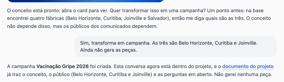 O agente pergunta se quer transformar o conceito em campanha e confirma que criou o projeto com o documento