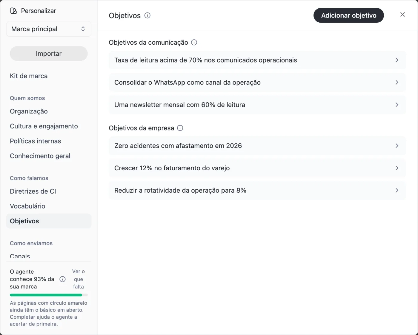 Tela Personalizar na página Objetivos, com três objetivos da comunicação e três da empresa e o indicador de quanto o agente conhece da marca
