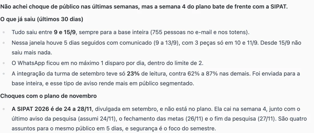 Resposta do agente com o que saiu nos últimos 30 dias e o choque da SIPAT com a semana 4 do plano