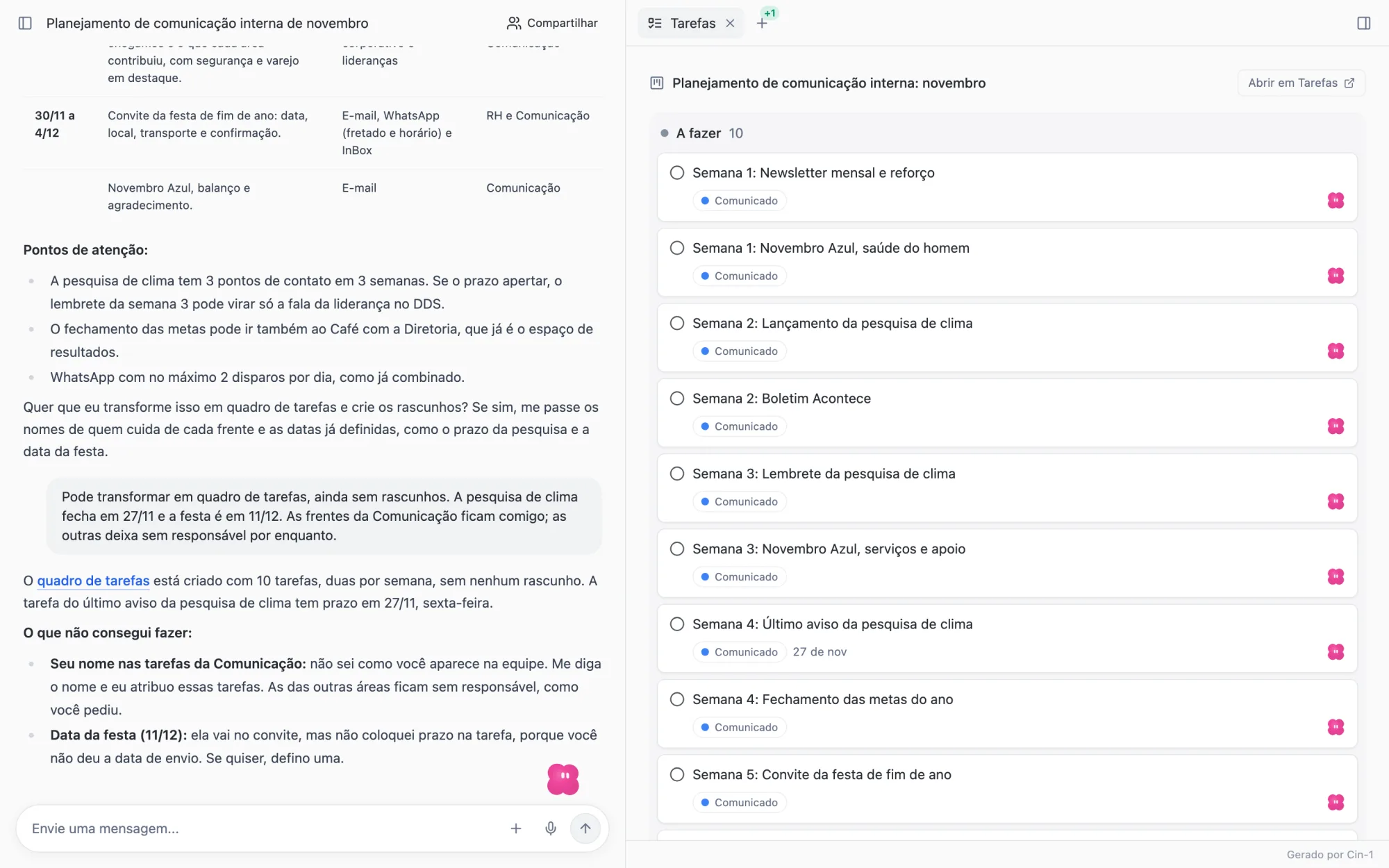 Conversa com o planejamento de novembro em tabela e, ao lado, o quadro de Tarefas com dez cartões na coluna A fazer
