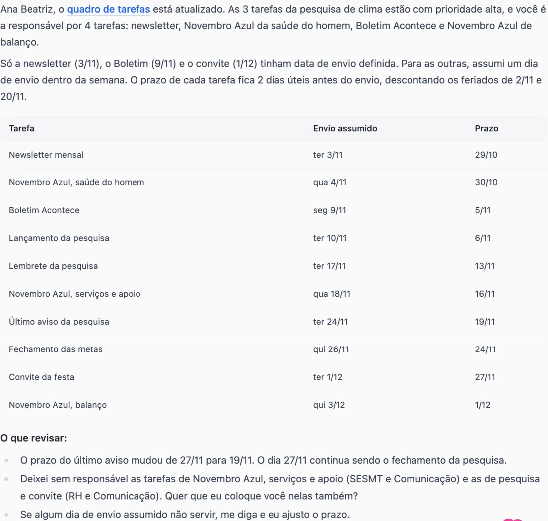 Resposta do agente com a tabela de tarefas, dia de envio assumido e prazo, seguida da lista do que revisar