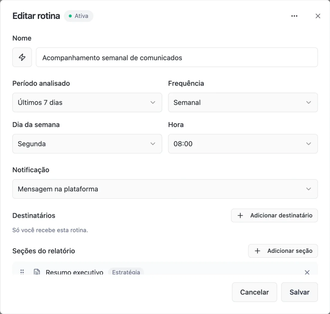 Janela Editar rotina com período de 7 dias, frequência semanal, segunda às 08:00 e mensagem na plataforma