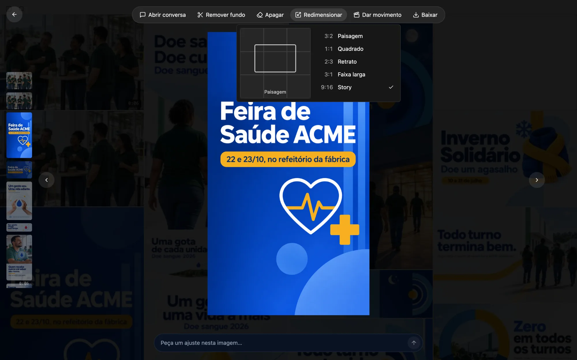 Estúdio com o story da Feira de Saúde aberto, as versões na lateral e o menu Redimensionar com cinco formatos