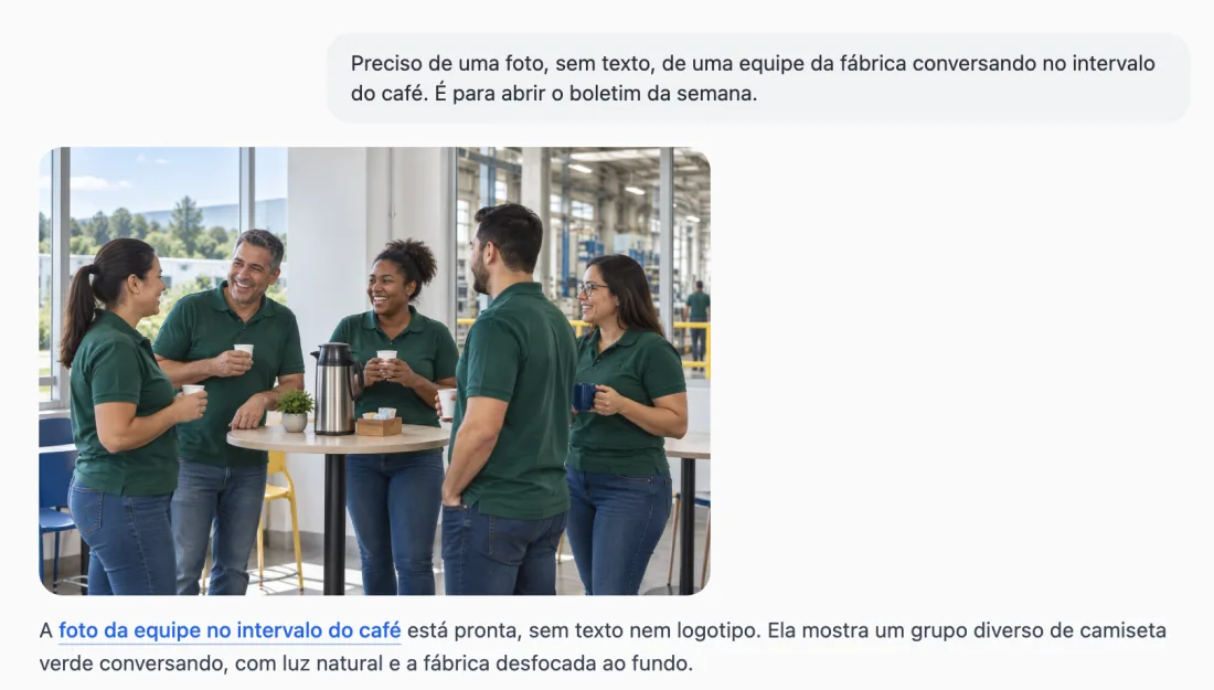 Foto criada pelo agente: cinco pessoas de camiseta verde conversando com café, com a fábrica ao fundo