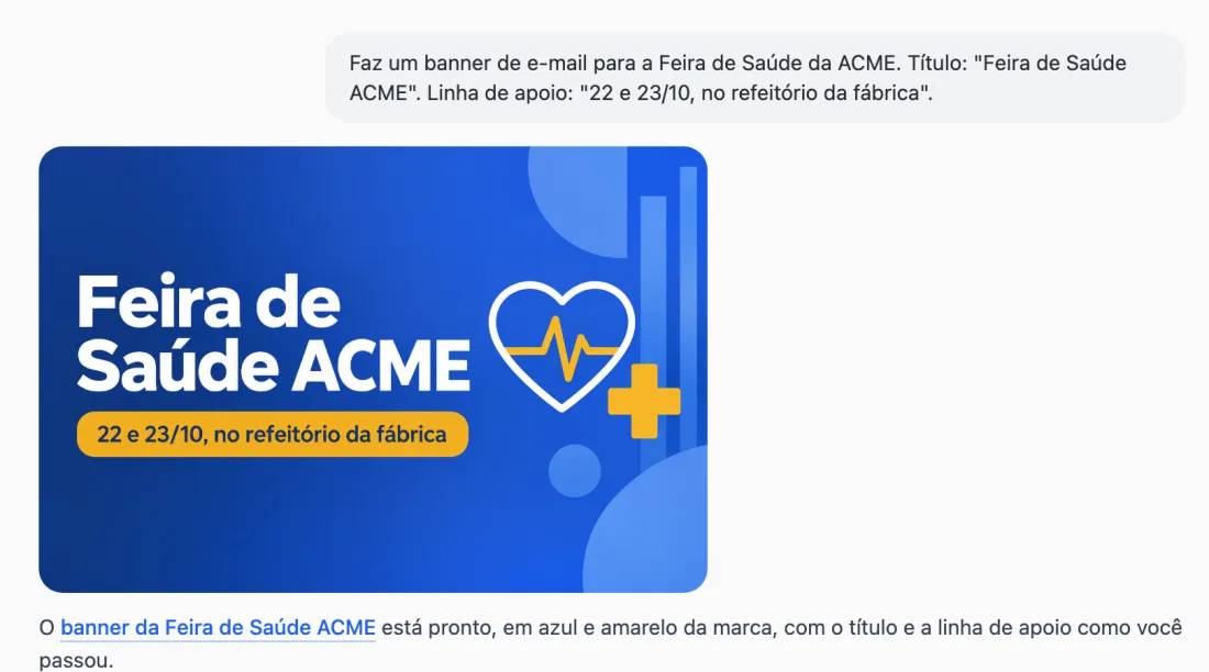 Conversa com o agente: o pedido do banner e o banner azul e amarelo da Feira de Saúde ACME