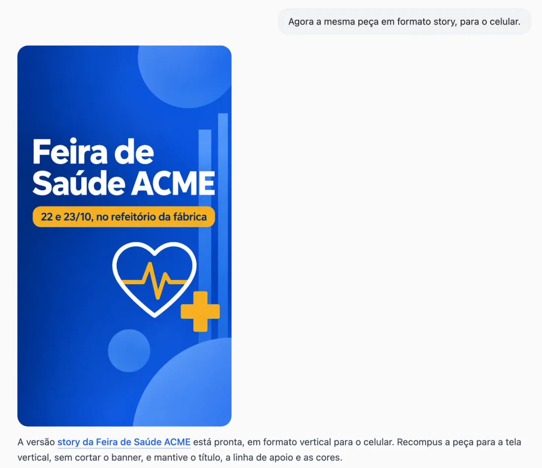 Versão story da Feira de Saúde ACME, vertical, com o mesmo título, a mesma data e o coração redistribuído