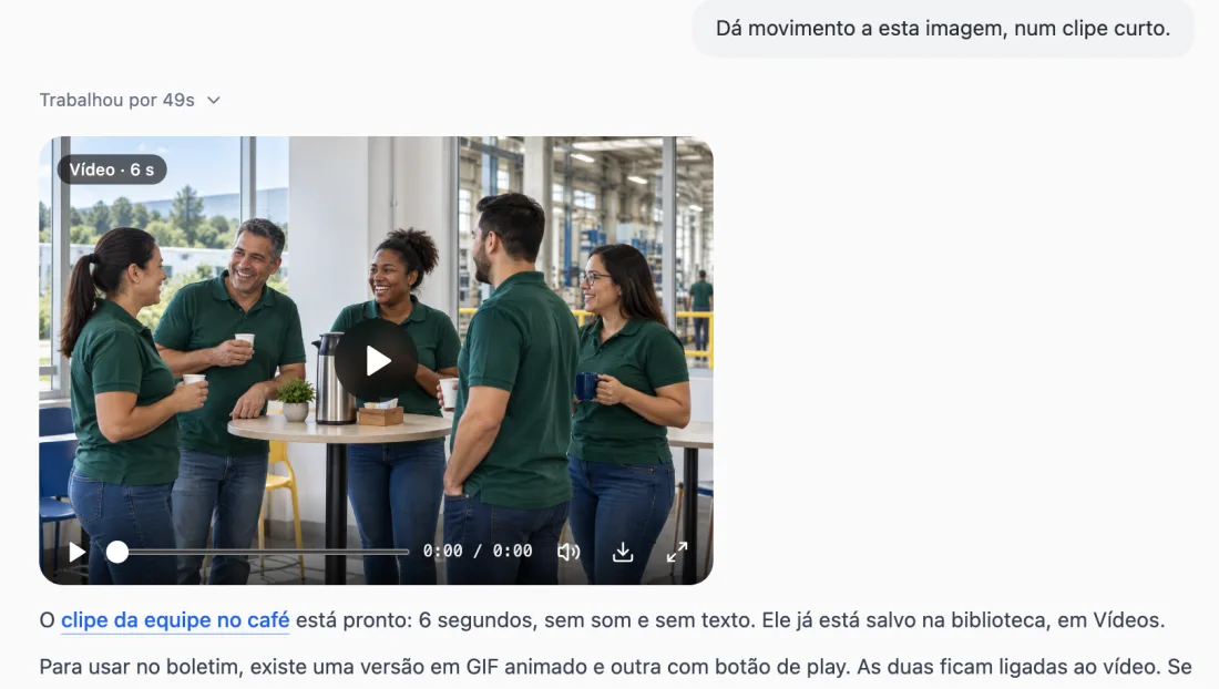 Conversa com o vídeo de 6 segundos criado a partir da foto da equipe e a resposta do agente