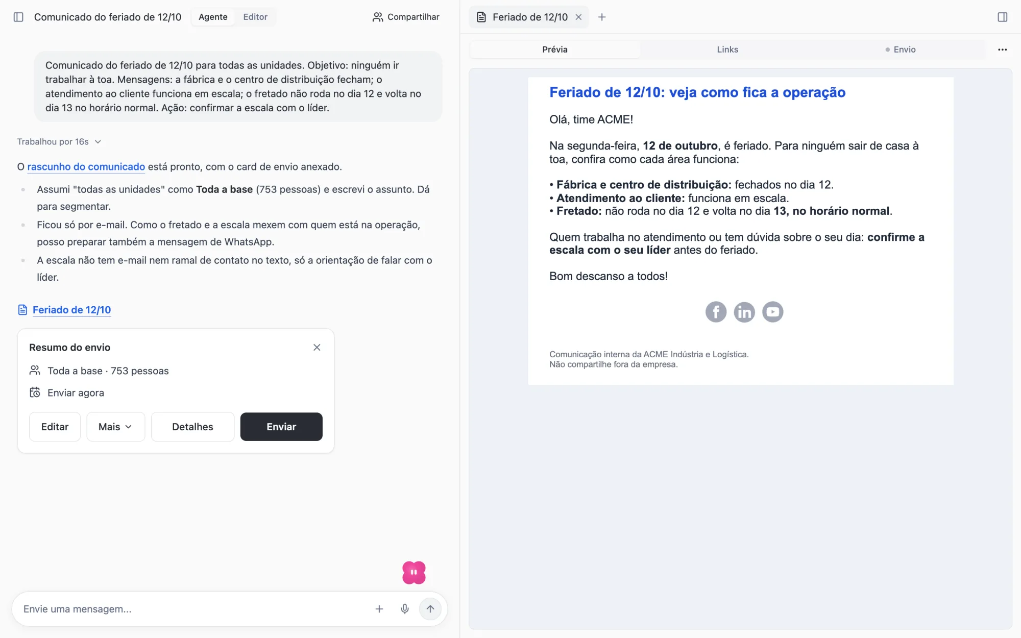 Conversa com o agente: o pedido, a resposta com o que ele assumiu, o Resumo do envio e a prévia do e-mail ao lado