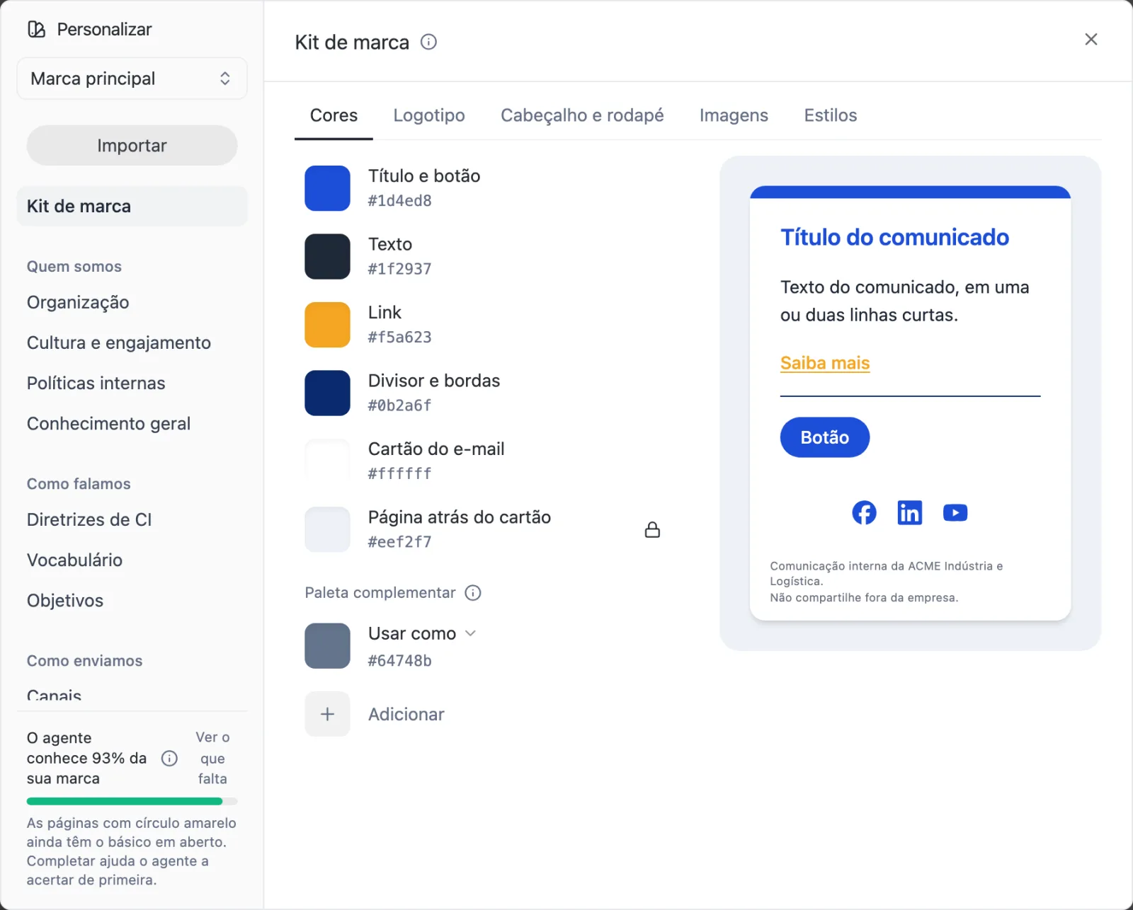 Tela Personalizar com o Kit de marca: cores por papel e a prévia de um comunicado