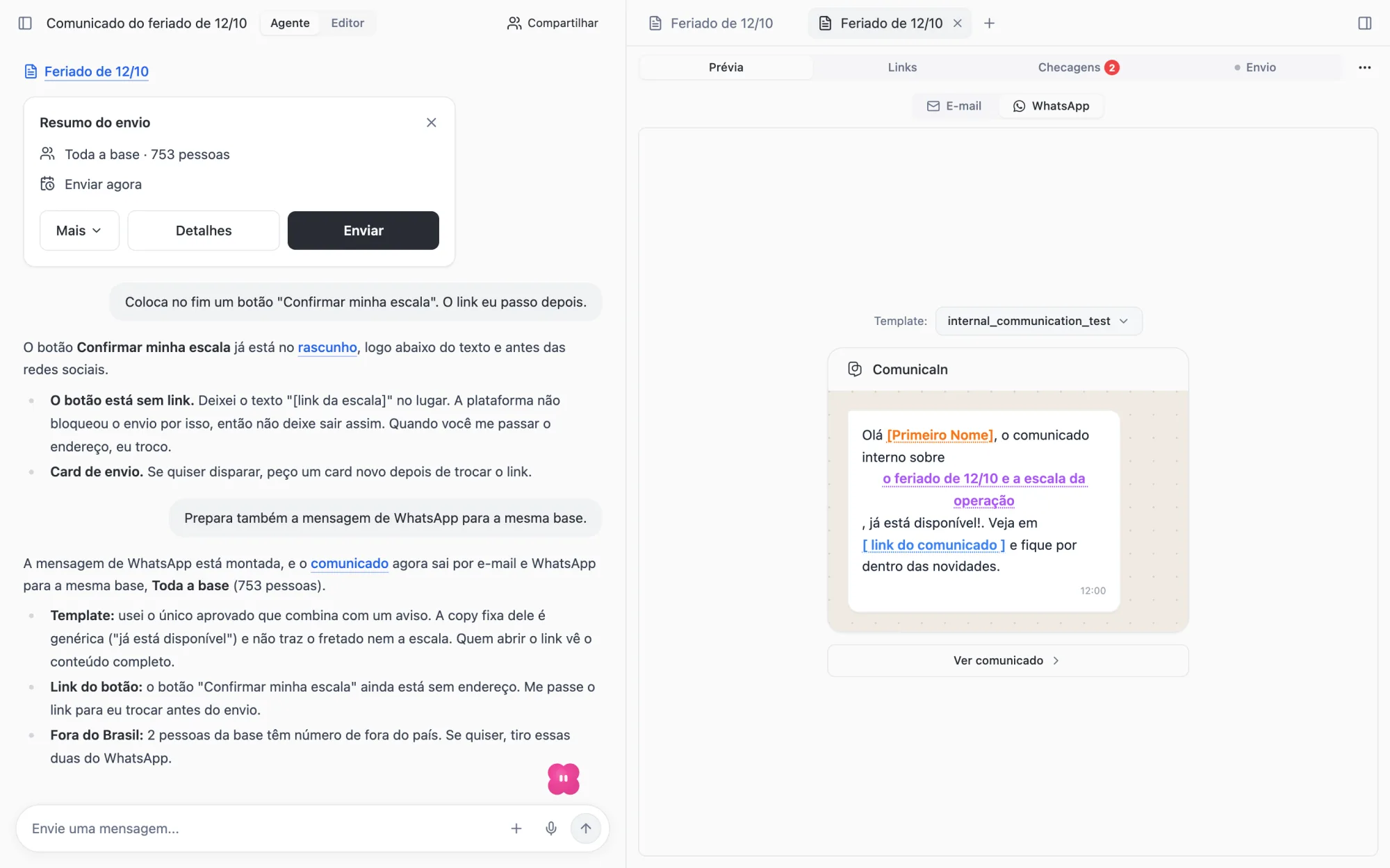 Prévia da mensagem de WhatsApp com o template aprovado e o link do comunicado